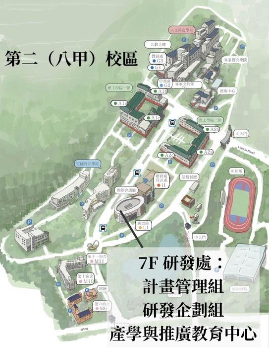 研發處地理位置標示圖_八甲校區｜國鼎圖書館7F研發處：計畫管理組、研發企劃組、產學與推廣教育中心  Office of Research and Development Location Map – Bajia Campus | 7F, Kuo-Ting Library: Project Management Division, Research Planning Division, and Industry-Academia Collaboration and Continuing Education Center圖片
